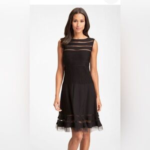 Tadashi Shoji Black A-Line Mesh Stripe Jersey Dress, Small